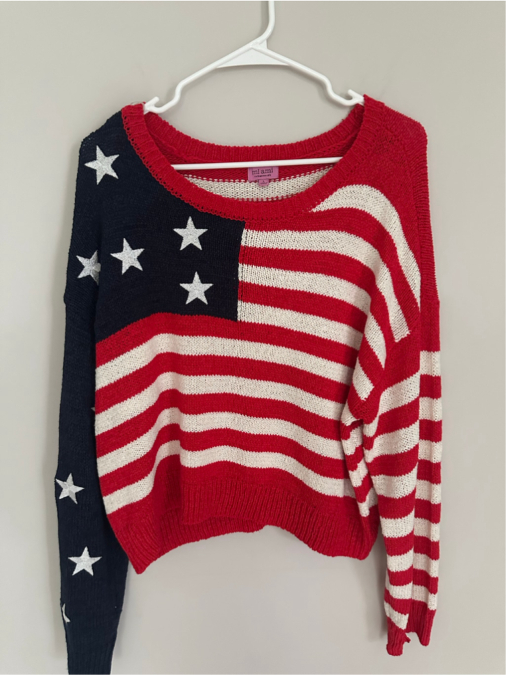 Women's mi ami for francesca's Flag Sweater, Size L, Red and White